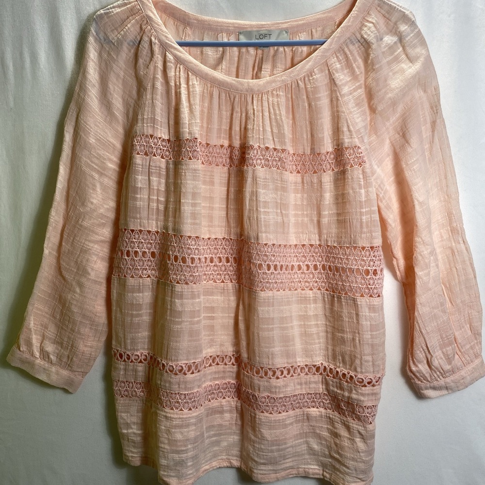 LOFT Pink Crochet Lace Insert Dobby Stripe Blouse 3/4 Sleeve Top Medium
